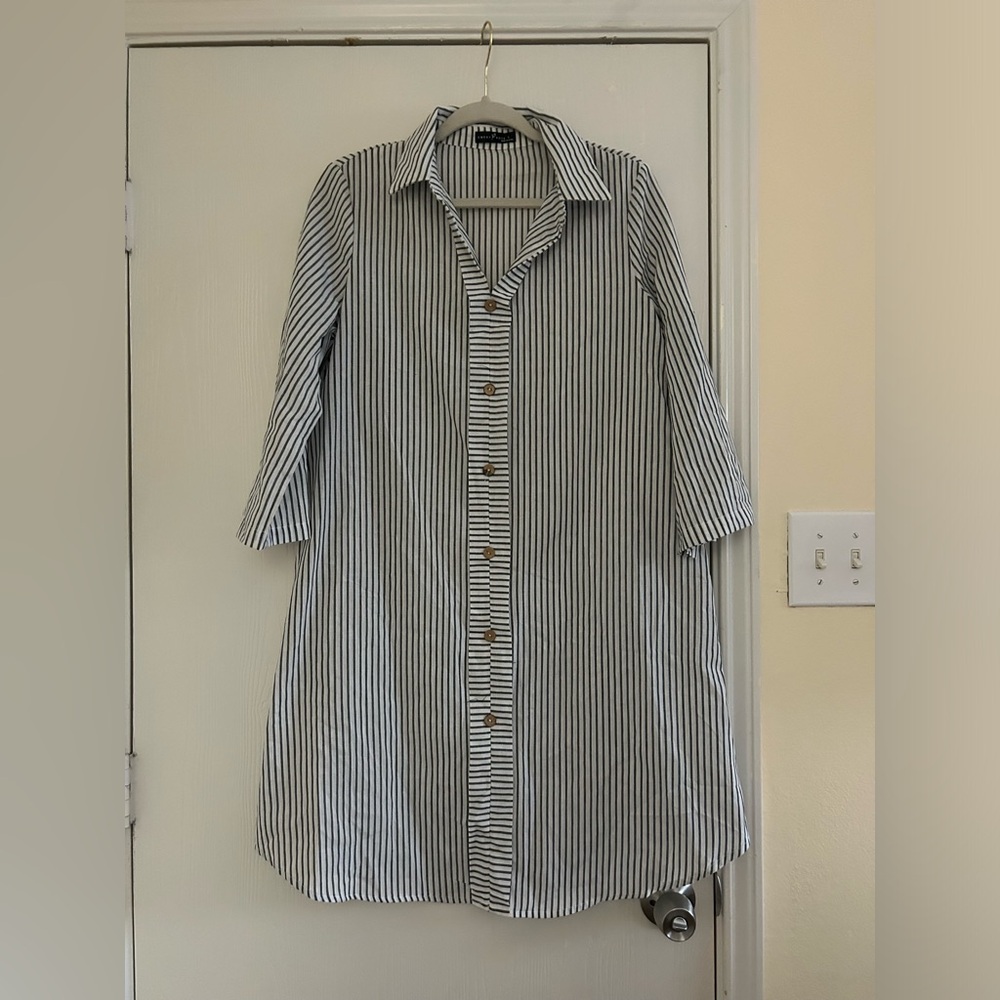 Striped Print Roll Tab Sleeve Shirt Dress